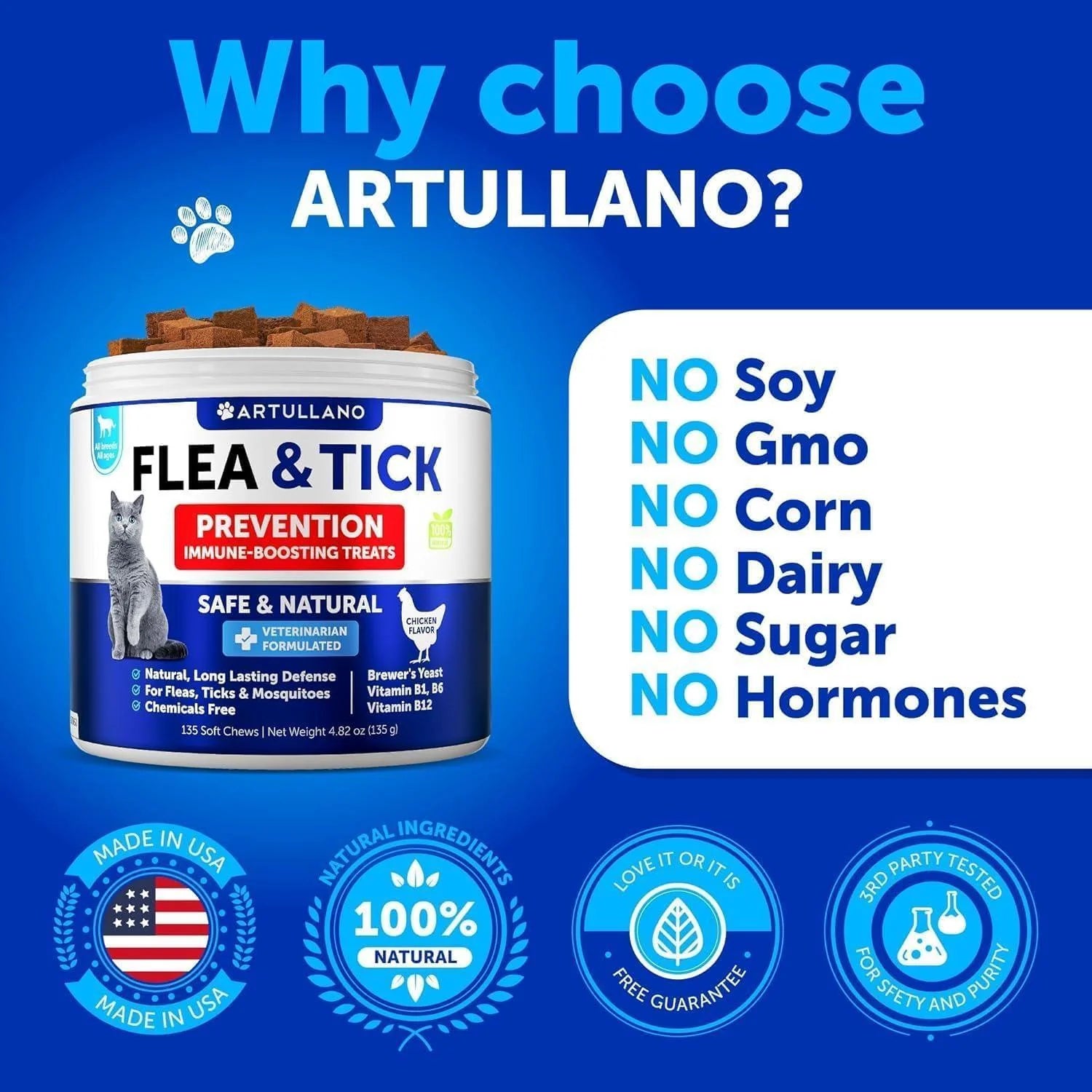Flea Treatment for Cats Natural Flea and Tick Prevention Supplement for Cats Kittens Chewable Daily Oral Pills with Vitamins 135 Soft Chews Skin & Coat Dental Treats Digestion Made in USA